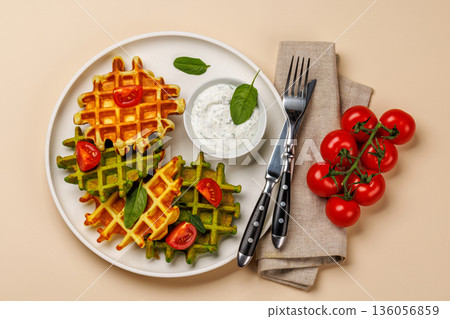 Vegan spinach waffles top view 136056859