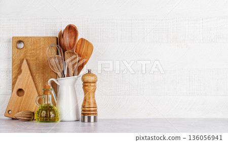Kitchen utensils and spices on table Kitchen utensils and spices on table 136056941