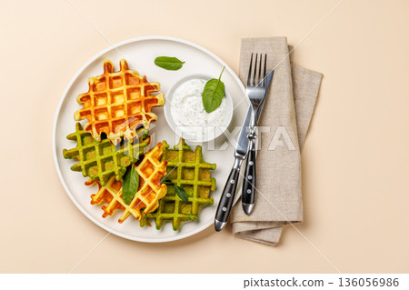 Vegan spinach waffles top view 136056986