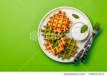 Vegan spinach waffles top view 136057027