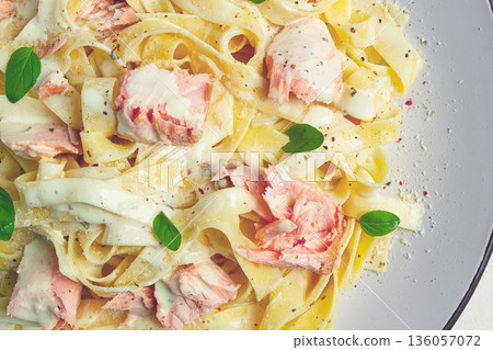 tagliatelle pasta, in cream sauce with salmon, homemade, no people, 136057072