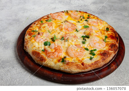 four cheese pizza with shrimp and fresh microgreens, served on a wooden board, homemade, no people, four cheese pizza with shrimp and fresh microgreens, served on a wooden board, homemade, no people, 136057078