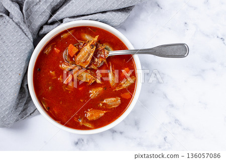 French shrimp bisque soup, on a marble table, close-up, no people, French shrimp bisque soup, on a marble table, close-up, no people, 136057086