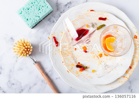 wooden round brush with bristles, for washing dishes, close-up, dirty dishes in the background, cleaning, concept, wooden round brush with bristles, for washing dishes, close-up, dirty dishes in the background, cleaning, concept, 136057116