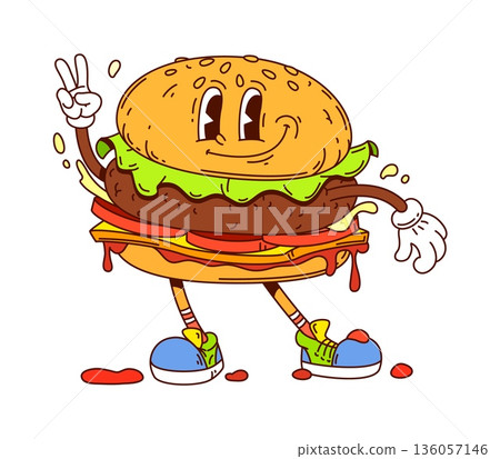 Cartoon funky groovy smiling hamburger or cheeseburger retro character. Vector tasty fast food burger meal personage with cheese, beef and lettuce, exudes cool vibe with wide smile and peace sign Cartoon funky groovy smiling hamburger or cheeseburger retro character. Vector tasty fast food burger meal personage with cheese, beef and lettuce, exudes cool vibe with wide smile and peace sign 136057146