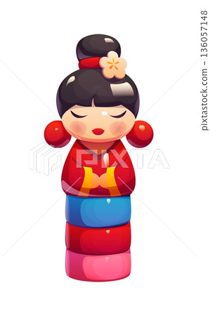 Traditional Japanese kokeshi doll with closed eyes, black hair in a bun, red kimono and colorful layered body. Cartoon vector Japan toy figure with serene expression, folded hands, flower accessory Traditional Japanese kokeshi doll with closed eyes, black hair in a bun, red kimono and colorful layered body. Cartoon vector Japan toy figure with serene expression, folded hands, flower accessory 136057148