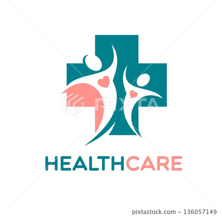 Medical care, health icon, charity or hospital symbol. Vibrant vector cross with dancing adult and child silhouettes with hearts. Joyful emblem for hospitals, pediatric clinics, or insurance brands Medical care, health icon, charity or hospital symbol. Vibrant vector cross with dancing adult and child silhouettes with hearts. Joyful emblem for hospitals, pediatric clinics, or insurance brands 136057149