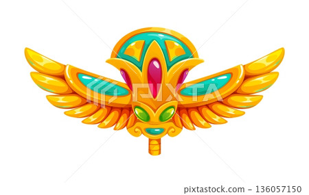 Gold winged amulet, Egypt game icon, treasure asset. Cartoon vector luxurious sacred significance in ancient Egyptian culture, golden relic. Ornament with feathers and gems. Royal magic deity charm Gold winged amulet, Egypt game icon, treasure asset. Cartoon vector luxurious sacred significance in ancient Egyptian culture, golden relic. Ornament with feathers and gems. Royal magic deity charm 136057150