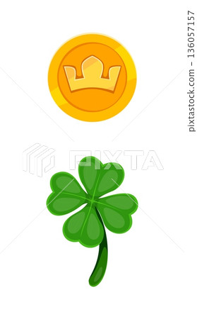St Patricks font coin and clover punctuation semicolon. March celebration typeface vector element, Irish typeset sign. Saint Patrick font punctuation mark with shamrock clover leaf and golden coin 136057157