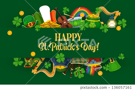 Happy Saint Patrick's Day greeting card for Irish holiday, vector banner. Happy St Patrick greeting with Ireland flag, leprechaun gold coins pot and rainbow, shamrock clovers, Irish harp and bagpipe Happy Saint Patrick's Day greeting card for Irish holiday, vector banner. Happy St Patrick greeting with Ireland flag, leprechaun gold coins pot and rainbow, shamrock clovers, Irish harp and bagpipe 136057161