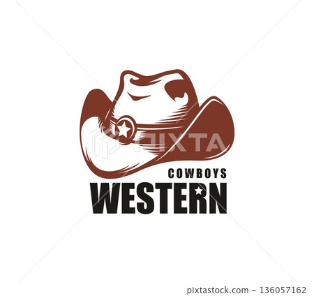 Western vintage cowboy hat Wild West symbol. Classic vector emblem featuring cowboy hat with buckle and star. Western icon for ranch branding, saloon signs, or heritage craft labels Western vintage cowboy hat Wild West symbol. Classic vector emblem featuring cowboy hat with buckle and star. Western icon for ranch branding, saloon signs, or heritage craft labels 136057162