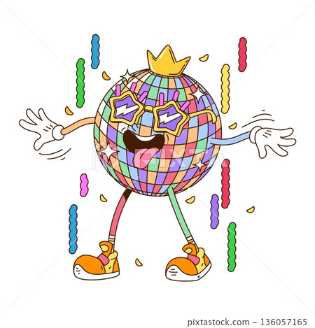 Retro cartoon groovy disco ball vector character celebrating with expressive pose at retro dance party. Crowned discoball king personage with bright facets and glasses, exudes funky nostalgic energy Retro cartoon groovy disco ball vector character celebrating with expressive pose at retro dance party. Crowned discoball king personage with bright facets and glasses, exudes funky nostalgic energy 136057165
