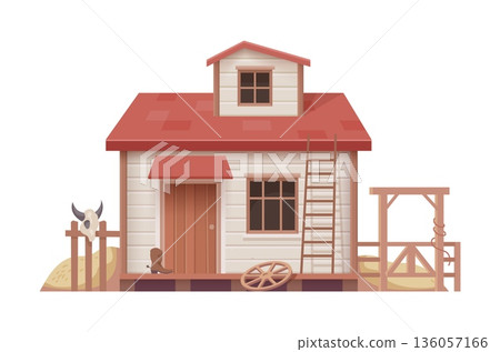 Western town building with red roof, wooden ladder, gallows, haystack, cowboy boot, wagon wheel, and bull skull. Vector old rustic wild west structure with dusty surroundings and frontier elements 136057166