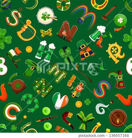 St Patrick s day font letters, Irish holiday typeface seamless pattern. Cartoon vector festive tile background with traditional Ireland leprechauns, shamrocks, green beer, rainbows and gold coins 136057168