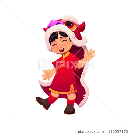 Chinese Lunar New Year kid girl, Asian holiday character in red dress performs lion dance in traditional costume, brings good fortune. Cartoon vector cute child captures festive and playful CNY spirit 136057170