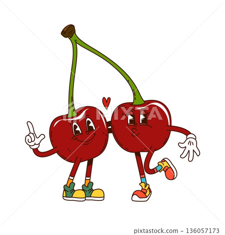 Cartoon groovy cherry berry characters pair kissing with heart. Vector couple of fresh and ripe summer hippie berries in love. Retro juicy fruit personages hanging on stem with vintage nostalgic vibes Cartoon groovy cherry berry characters pair kissing with heart. Vector couple of fresh and ripe summer hippie berries in love. Retro juicy fruit personages hanging on stem with vintage nostalgic vibes 136057173