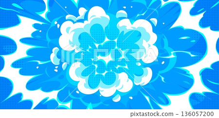 Cartoon manga anime battle effect blue background. Dynamic explosion with smoke clouds, light beams and dotted halftone texture in comic style. Bright vector energetic, powerful burst pop art effect 136057200