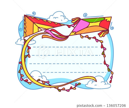 kids memo note frame with festival paper kites for message sticker, cartoon vector. Kids memo note or adhesive post and daily memo, agenda plan and diary planner with summer kites and wind hovers kids memo note frame with festival paper kites for message sticker, cartoon vector. Kids memo note or adhesive post and daily memo, agenda plan and diary planner with summer kites and wind hovers 136057206