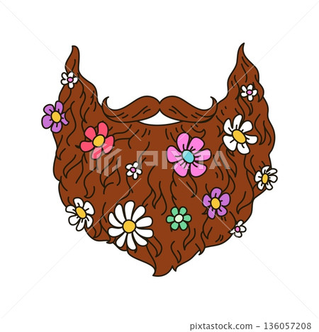 Cartoon groovy hippie beard with daisy flowers for peace and love, vector symbol. Retro groovy funky symbol of lumberjack beard and mustaches mask in hippie art with daisy or chamomile flowers Cartoon groovy hippie beard with daisy flowers for peace and love, vector symbol. Retro groovy funky symbol of lumberjack beard and mustaches mask in hippie art with daisy or chamomile flowers 136057208