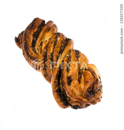 Ruddy, wicker bun with poppy seeds, on a white background in isolation Ruddy, wicker bun with poppy seeds, on a white background in isolation 136057209
