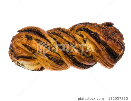 Ruddy, wicker bun with poppy seeds, on a white background in isolation Ruddy, wicker bun with poppy seeds, on a white background in isolation 136057210