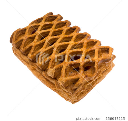 Pastry, mesh puff pastry bun with cherry filling on white background isolated Pastry, mesh puff pastry bun with cherry filling on white background isolated 136057215