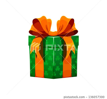 Saint Patrick's Day and Irish holiday gift icon for game asset, cartoon vector. Green gift box or present with shamrock clover leaf pattern and ribbon for St Patrick holiday and Ireland festival 136057300