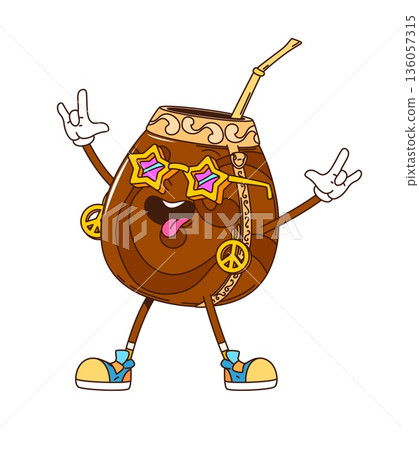 Cartoon groovy mate tea drink as hippie character, vector funky happy face. Groovy mate tea bowl cup with star sunglasses and hippie peace sign gesture in good mood as drink beverage character Cartoon groovy mate tea drink as hippie character, vector funky happy face. Groovy mate tea bowl cup with star sunglasses and hippie peace sign gesture in good mood as drink beverage character 136057315