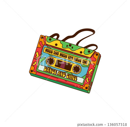 Cartoon groovy audio cassette icon. Bright, colorful cassette tape with a psychedelic 1970s design, radiating retro disco charm. Funky vintage vector element for music party, or nostalgic stickers Cartoon groovy audio cassette icon. Bright, colorful cassette tape with a psychedelic 1970s design, radiating retro disco charm. Funky vintage vector element for music party, or nostalgic stickers 136057318