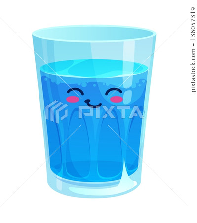 Cartoon water drink. Kawaii glass of water drink character with blue drink inside, foamy top surface, cheerful face with eyes and blush. Vector blue personage for eco healthy lifestyle promotion Cartoon water drink. Kawaii glass of water drink character with blue drink inside, foamy top surface, cheerful face with eyes and blush. Vector blue personage for eco healthy lifestyle promotion 136057319