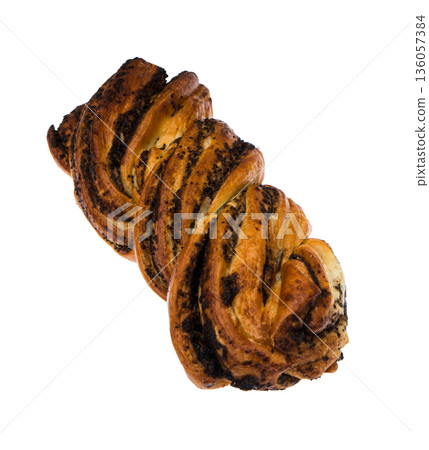 Ruddy, wicker bun with poppy seeds, on a white background in isolation 136057384