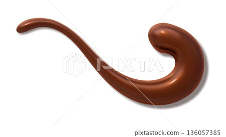Dark chocolate drizzle, flowing shiny choco syrup swirl and creamy caramel drop. 3d vector liquid chocolate sauce splash. Cocoa glaze drip, isolated candy sweet brown cacao flow with soft texture 136057385