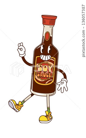 Cartoon funky groovy soy sauce character posing playfully with a big smile and ok gesture. Isolated vector glass bottle with condiment or dressing, food retro personage wearing trendy sneakers, Cartoon funky groovy soy sauce character posing playfully with a big smile and ok gesture. Isolated vector glass bottle with condiment or dressing, food retro personage wearing trendy sneakers, 136057387