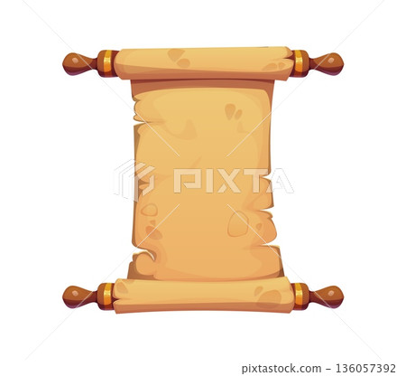 Ancient manuscript, cartoon pirate vintage paper scroll, old treasure map and antique papyrus parchment with wooden handles and blank texture. Vector historical document or treasure map template 136057392