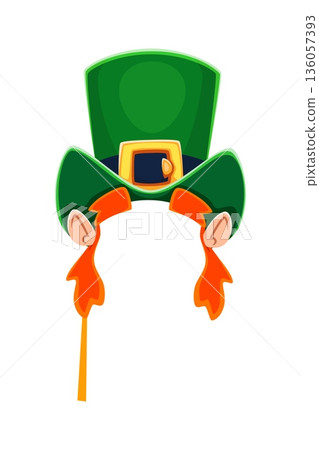 St Patricks leprechaun top hat photo booth mask. Irish party vector mask, Ireland holiday kids photo booth prop. Saint Patrick festival or spring carnival costume element with leprechaun green hat St Patricks leprechaun top hat photo booth mask. Irish party vector mask, Ireland holiday kids photo booth prop. Saint Patrick festival or spring carnival costume element with leprechaun green hat 136057393