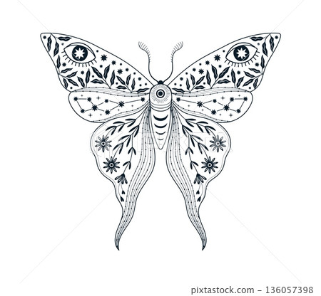 Cartoon mystic moth insect magic tattoo, mystery butterfly silhouette. Witchcraft night flower talisman with boho vintage ornament wings. Esoteric floral witchy bohemian art for print Cartoon mystic moth insect magic tattoo, mystery butterfly silhouette. Witchcraft night flower talisman with boho vintage ornament wings. Esoteric floral witchy bohemian art for print 136057398