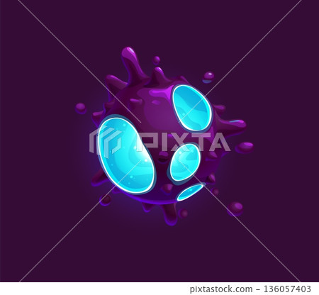 Cartoon alien planet with splashy surface, glowing neon cores and liquid shapes floating in deep space. Fantasy vector extraterrestrial surreal scifi cosmic futuristic sphere floating in dark universe 136057403