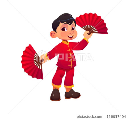 Chinese Lunar New Year kid boy Asian holiday character in traditional outfit holds red fans, symbol in CNY celebrations. Cartoon vector child in festive attire highlights cultural festive traditions Chinese Lunar New Year kid boy Asian holiday character in traditional outfit holds red fans, symbol in CNY celebrations. Cartoon vector child in festive attire highlights cultural festive traditions 136057404