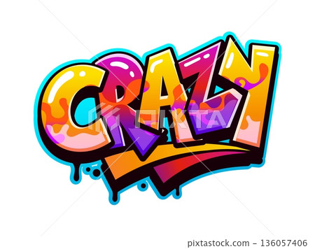 Crazy street art graffiti, hip hop paint spray typography. Urban graffiti artwork, street wall cool drawing vector writing. Hip Hop airbrush tag typography or text with funky purple and orange letters 136057406