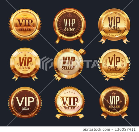 VIP seller vector golden labels, badges, luxury medals, tags and award seals with laurel wreaths or ribbons. Premium golden vector emblems, including VIP seller badges for elite product branding 136057411