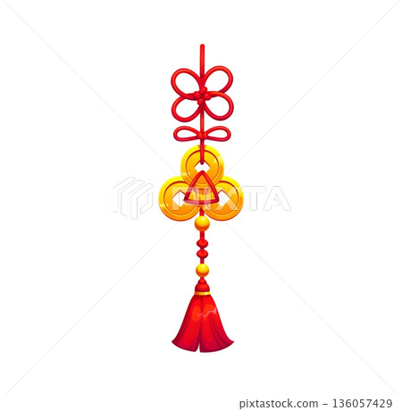 Chinese tassel or lucky knot, Asian charm amulet for fortune luck, vector New Year decoration. Chinese lucky knot or tassel pendant with golden money coins ornament for Feng Shui wealth symbol Chinese tassel or lucky knot, Asian charm amulet for fortune luck, vector New Year decoration. Chinese lucky knot or tassel pendant with golden money coins ornament for Feng Shui wealth symbol 136057429