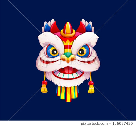Chinese lion dance mask of lunar New Year festival in China, cartoon vector icon. Guandong lion dance mask or Asian holiday carnival lion head for Chinese New Year or Chinatown traditional celebration Chinese lion dance mask of lunar New Year festival in China, cartoon vector icon. Guandong lion dance mask or Asian holiday carnival lion head for Chinese New Year or Chinatown traditional celebration 136057430