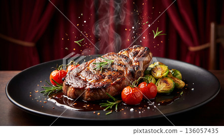 Succulent grilled gourmet steak, decorated with rosemary, Brussels sprouts, and tomato. Food photography concept in warm tones 136057435
