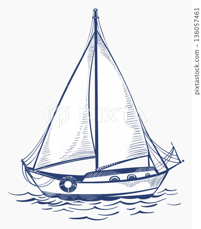 Vector line illustration of a sailboat in the ocean. Marine design with waves and wind. Suitable for travel, sailing, tourism, navigation, and marine sport projects. Isolated clipart. 136057461