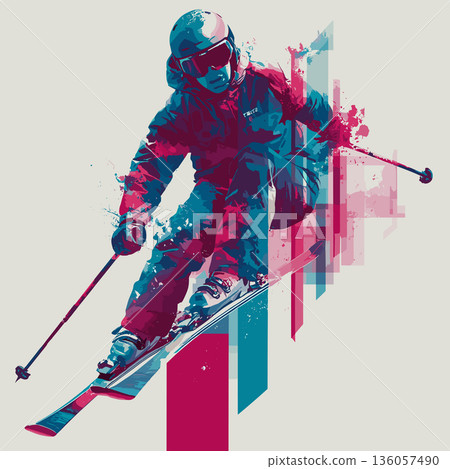 Freestyle skiing graphic art effect poster. Freestyle skiing dynamic multicolor graphic wallpaper or banner 136057490
