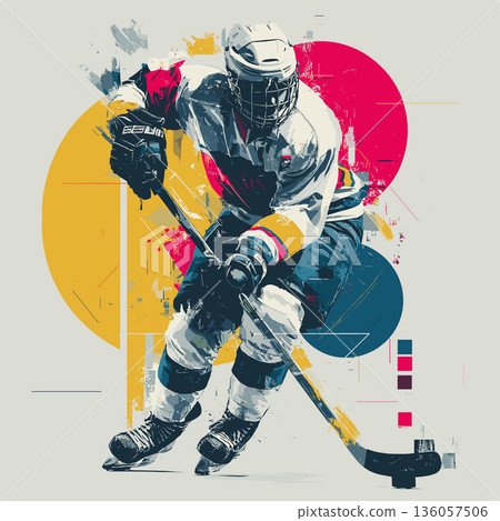 Ice hockey graphic art effect poster. Ice hockey dynamic multicolor graphic wallpaper or banner 136057506