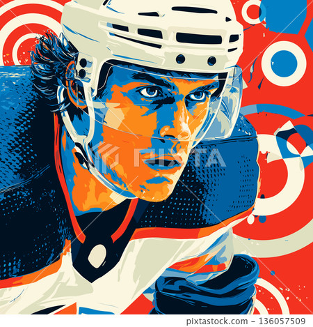 Ice hockey graphic art effect poster. Ice hockey dynamic multicolor graphic wallpaper or banner 136057509