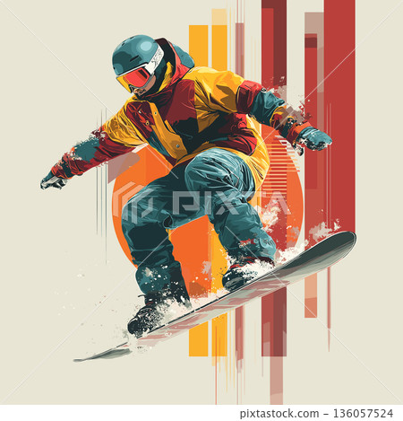 Snowboarding graphic art effect poster. Snowboarding dynamic multicolor graphic wallpaper or banner 136057524