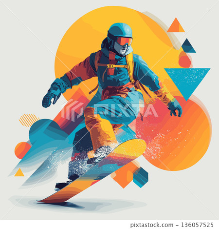 Snowboarding graphic art effect poster. Snowboarding dynamic multicolor graphic wallpaper or banner 136057525