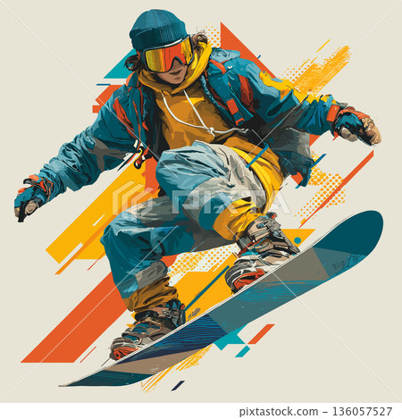 Snowboarding graphic art effect poster. Snowboarding dynamic multicolor graphic wallpaper or banner 136057527